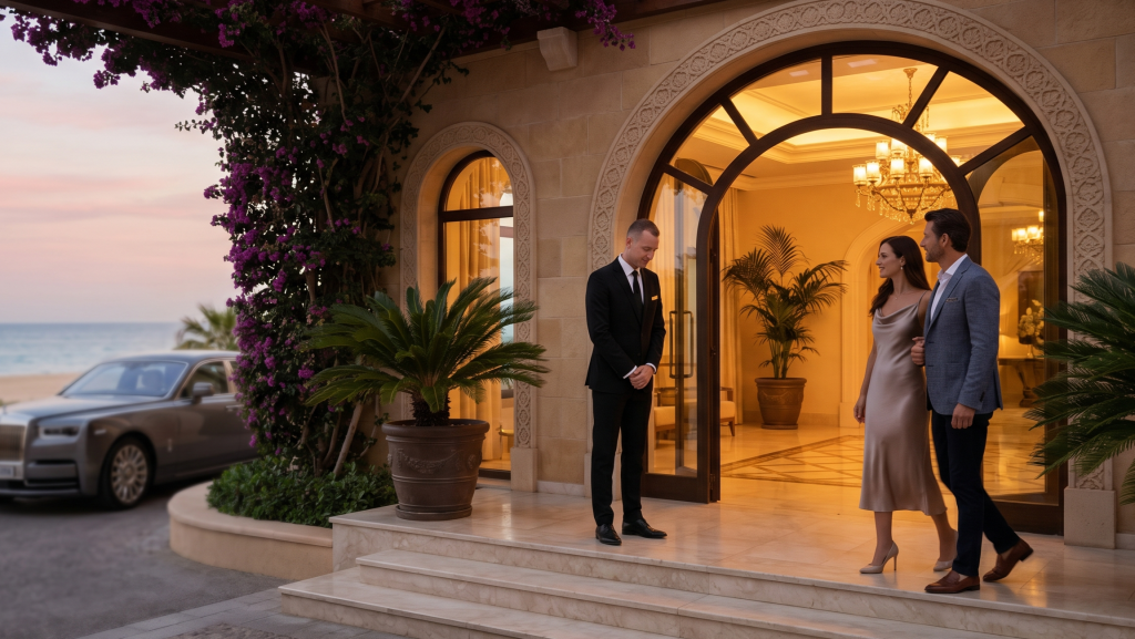 A professional security guard is greeting the guests leaving the hotel premises.